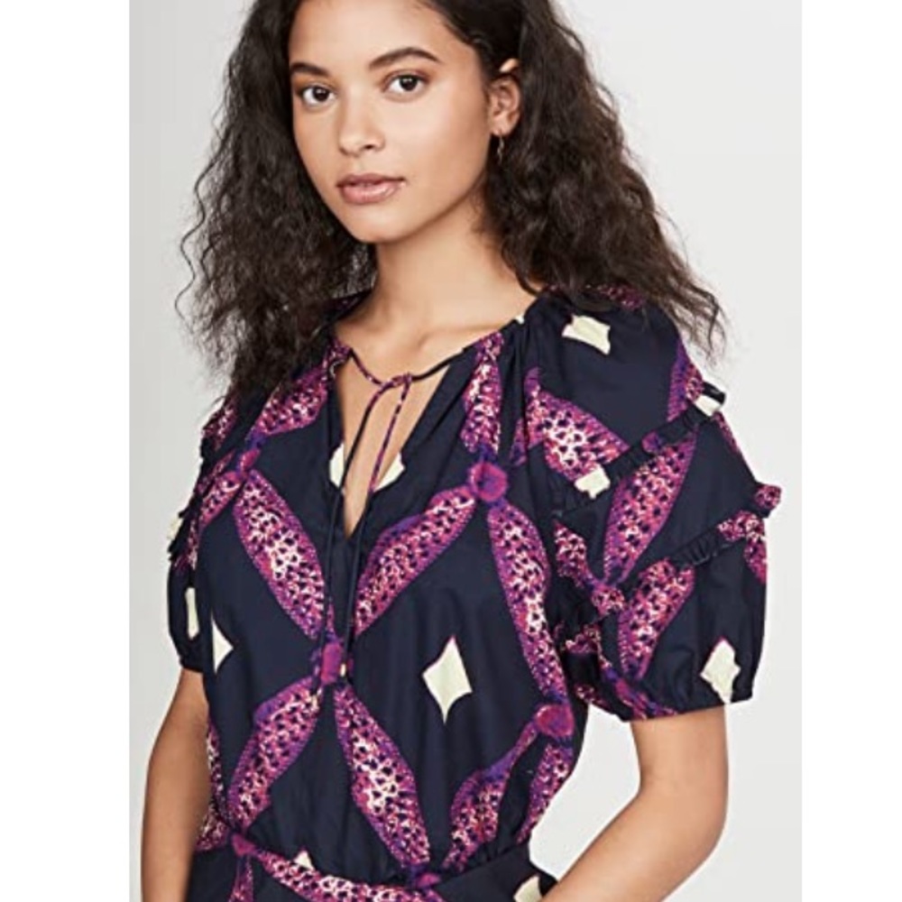 Ulla Johnson Navy and Purple Patterned Puff-Sleeve Blouse